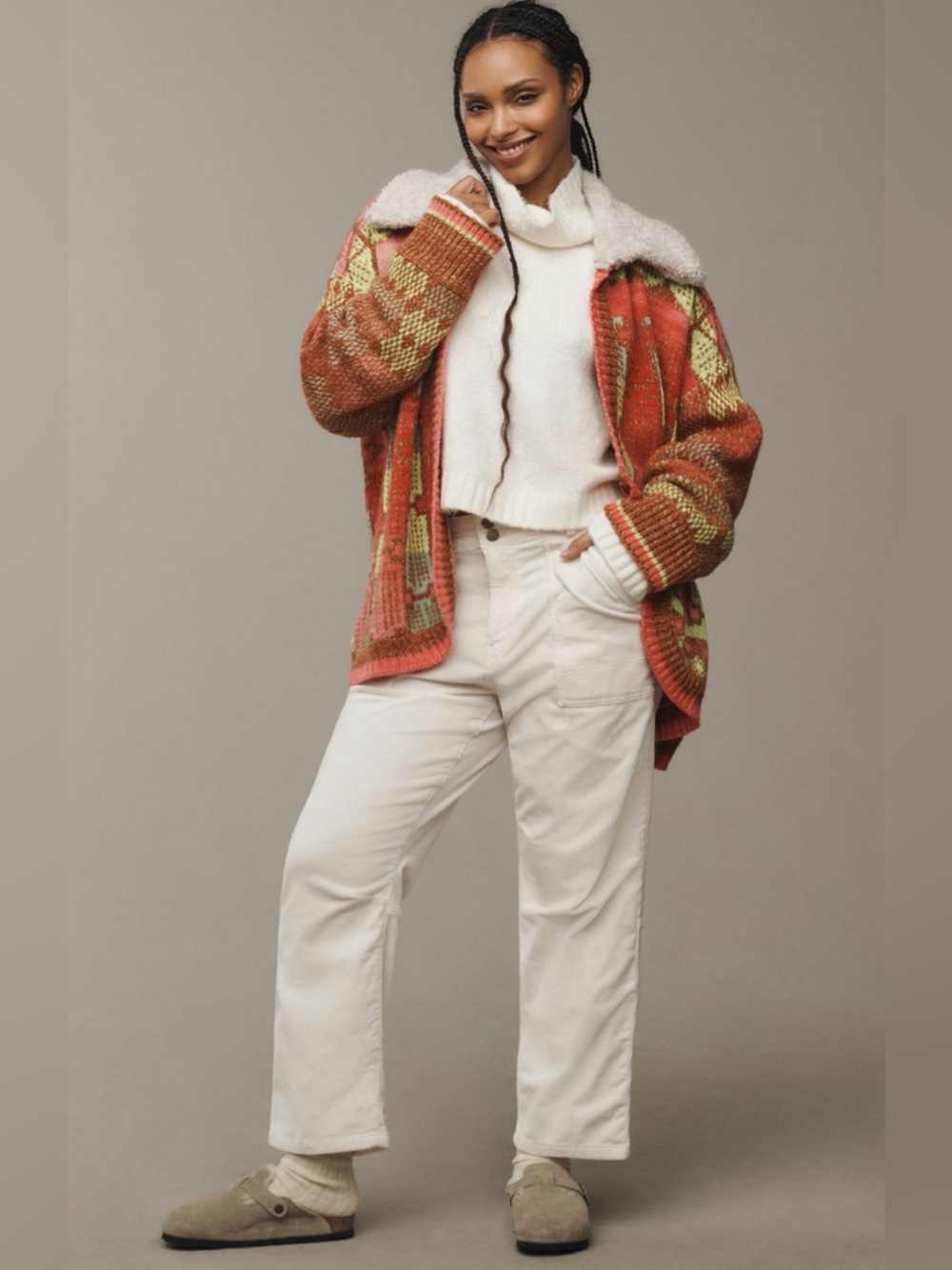 Anthropologie Faux-Fur Collar Cardigan Sweater Jacket
